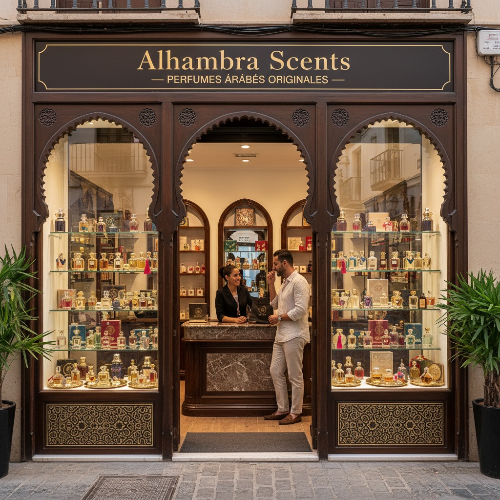 Perfumes arabes para comprar en España La fachada de madera oscura de la tienda Alhambra Scents, con grandes arcos árabes y escaparates llenos de frascos de perfume, mientras un cliente y una dependienta conversan en el interior.
