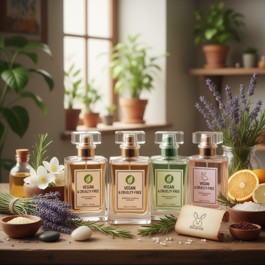 Cuatro botellas de perfume vegano y libre de crueldad animal se alinean sobre una mesa de madera, rodeadas de ingredientes naturales como lavanda, romero, naranjas y flores de jazmín en una habitación luminosa.