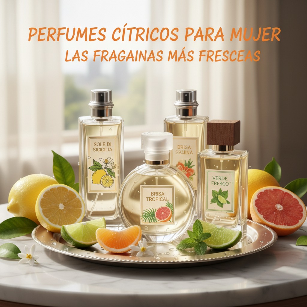 Cuatro frascos de perfume sobre una bandeja rodeados de limones, limas y pomelos frescos.