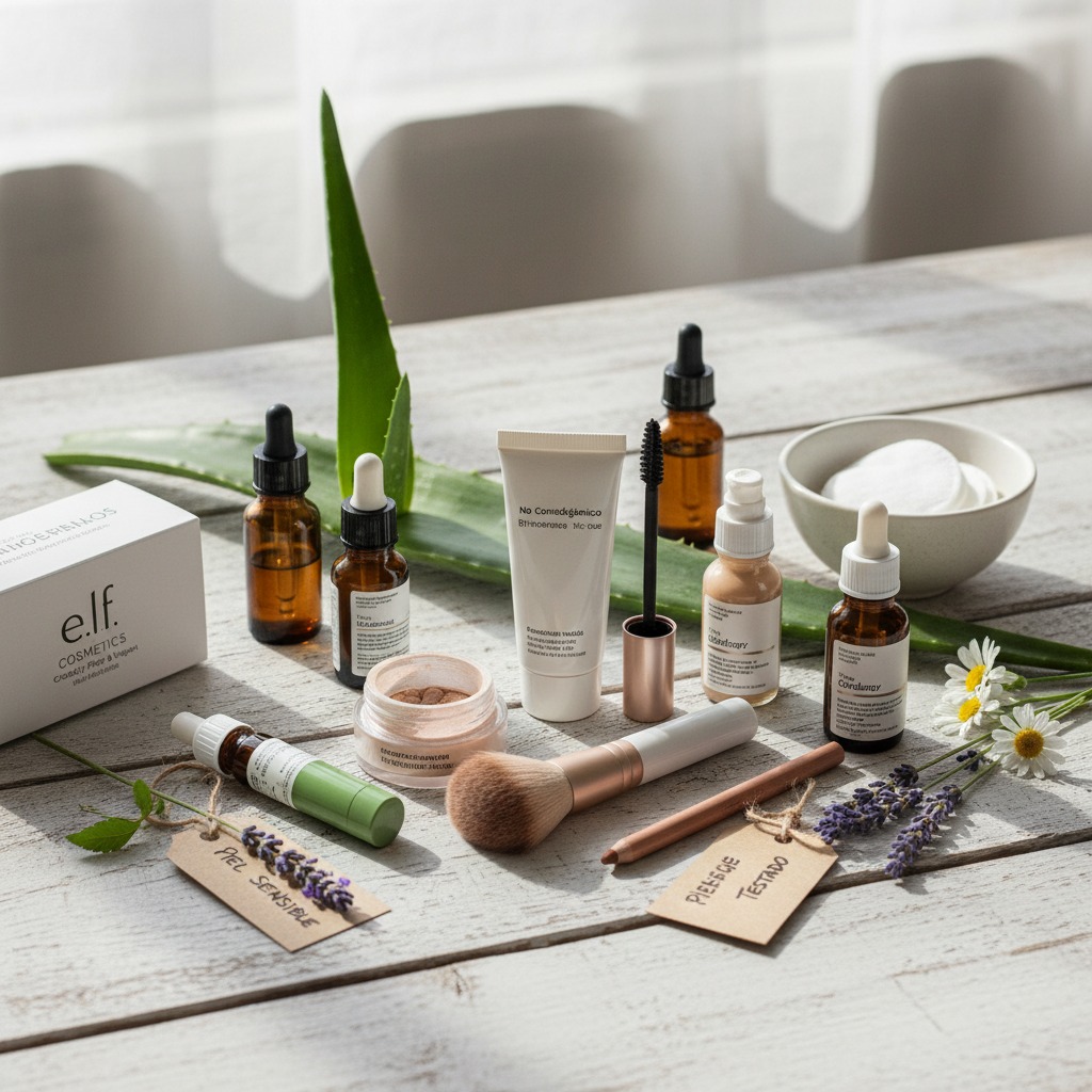 Diversos productos cosméticos y de cuidado de la piel de la marca e.l.f. se exhiben sobre una mesa de madera junto con hojas de aloe vera y ramitas de lavanda.