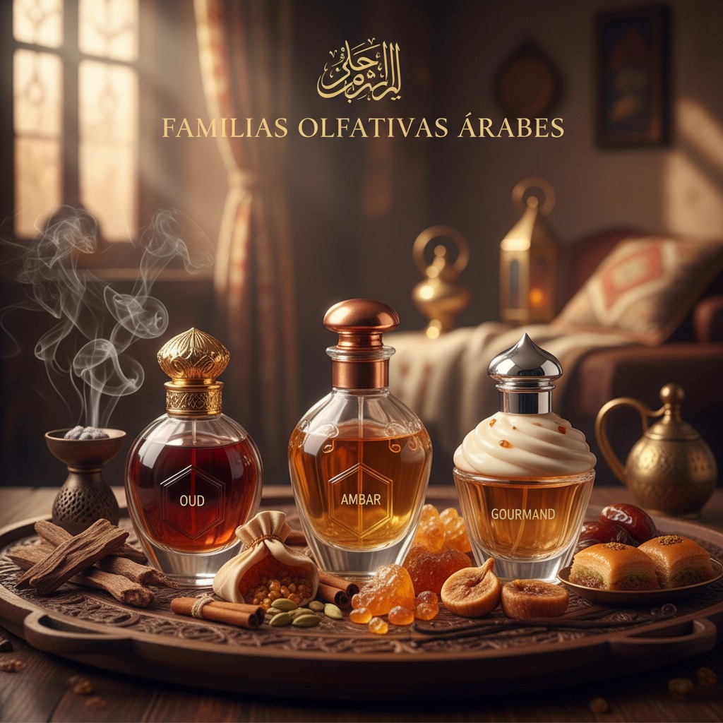 Tres frascos de perfume oriental sobre una bandeja de madera con ingredientes aromáticos y dulces tradicionales.